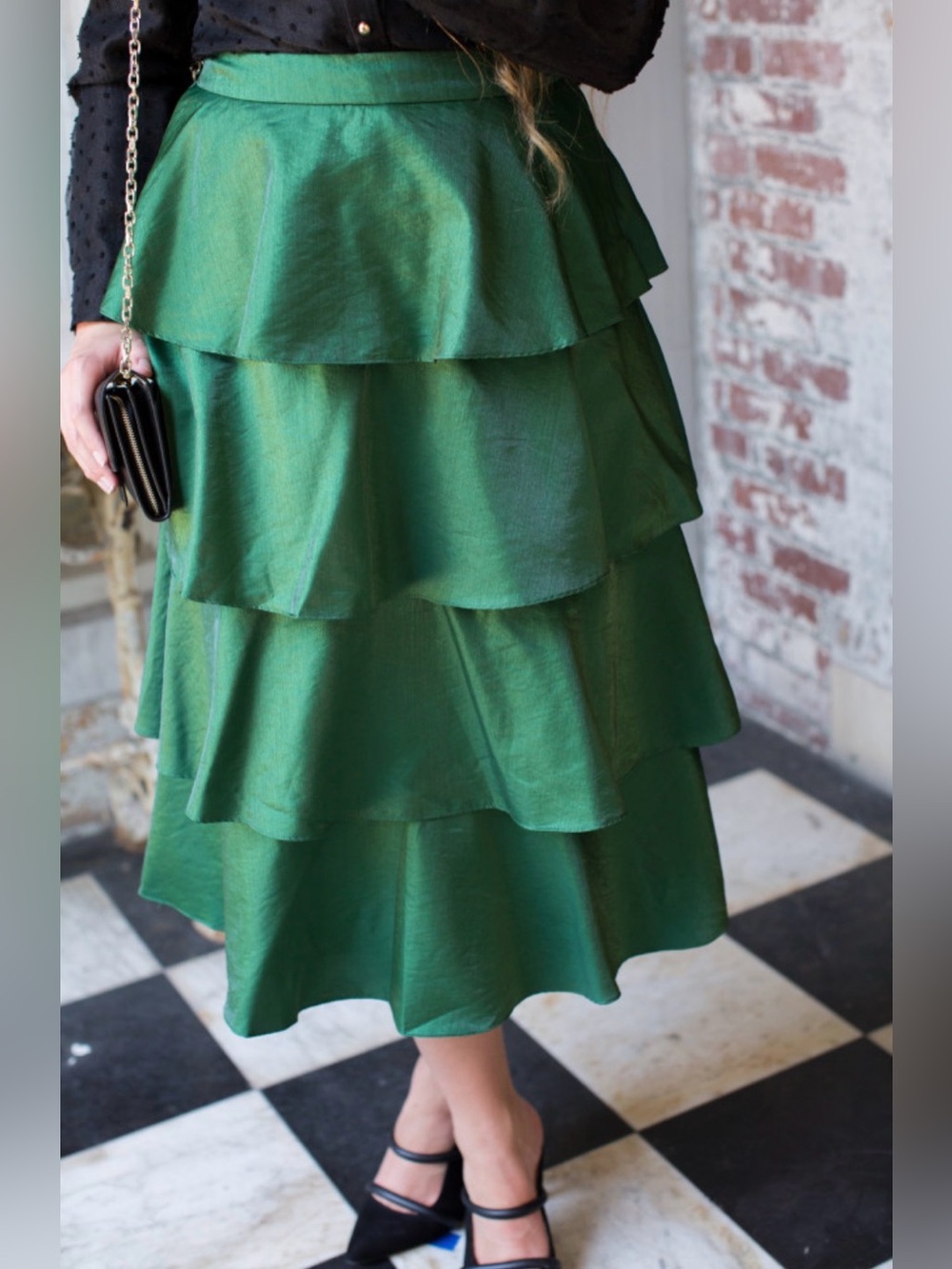 Dainty Jewells Once Upon a December Green Tiered Ruffle Midi Skirt Sz  Large - Picture 2 of 9